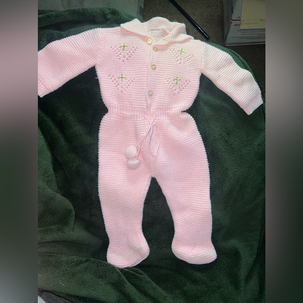 Vintage Pink Knitted Baby Footed Onesie